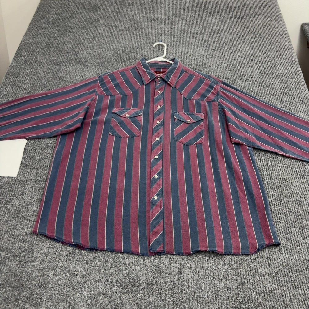 Vintage Wrangler Shirt Mens 2X Red Blue Cotton Striped Pearl Snap Western Cowboy